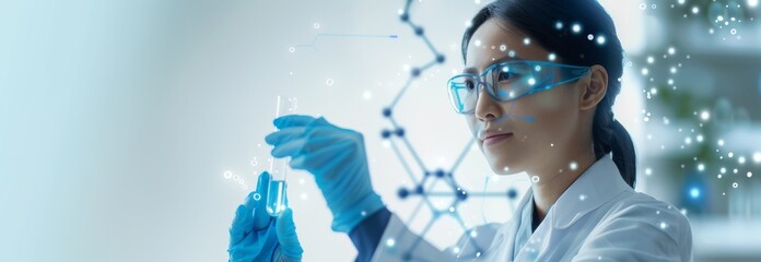 Scientist conducting experiment in modern laboratory with scientific network overlay