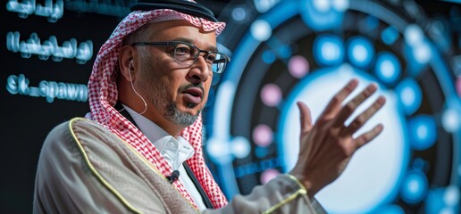 Saudi man giving professional presentation with digital background at conference