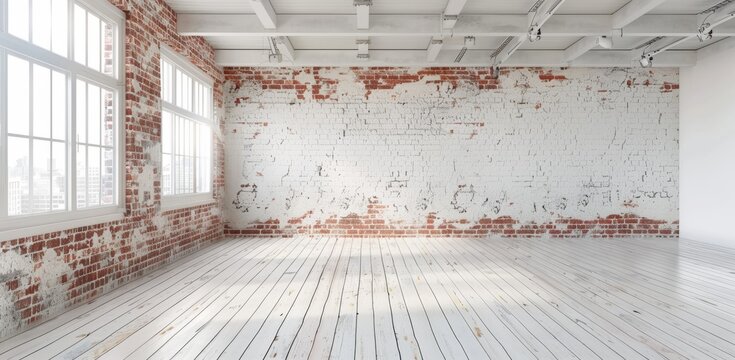 Modern empty loft with exposed brick wall and large windows in natural light