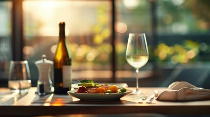 Elegant dining setup with wine bottle, glass, and fresh salad on table, set against a warm, sunlit background in a cozy restaurant.