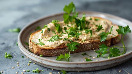 Simple Hummus Toast With Fresh Parsley and Sesame Seeds