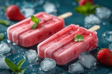 Refreshing red popsicles with ice and strawberries on a blue background