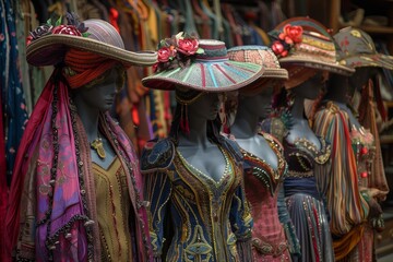 Ornate Costumed Mannequins Displayed in Costume Shop