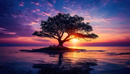 The image captures the serene beauty of dusk at the beach, where the sun has just set behind an old tree standing on a small island in the middle of the vast ocean The tree's gnarled branches reach