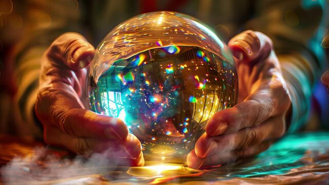 Hands Holding a Crystal Ball with Sparkling Reflections