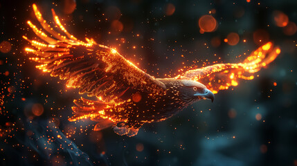 Naklejka premium abstract fire bird, fantasy eagle on fire, hawk or falcon flying with flame. Wall Art Poster Print Design for Home Decor, Decoration Artwork, Wallpaper & Background