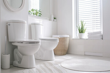 A clean, bright bathroom with modern fixtures and white decor, offering a serene and fresh environment, perfect for copy space.