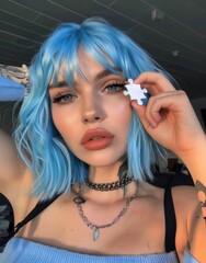 Fototapeta premium Attractive model with blue bob holding puzzle piece in trendy fashion shoot