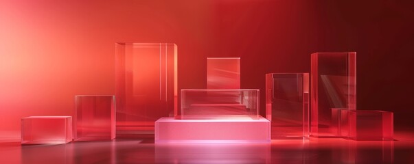 Abstract red gradient background with transparent glass blocks