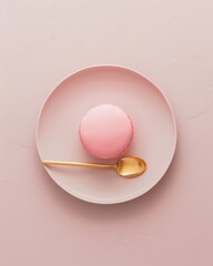 Minimalist pink macaron with gold spoon on pastel beige plate