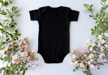 Black baby bodysuit mockup surrounded by flowers