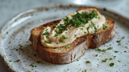Toasted Bread With Creamy Spread and Parsley Garnish on a White Plate