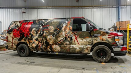 A white van parked indoors has been customized with an abstract art wrap featuring black, red, and brown paint strokes and a large red shape.