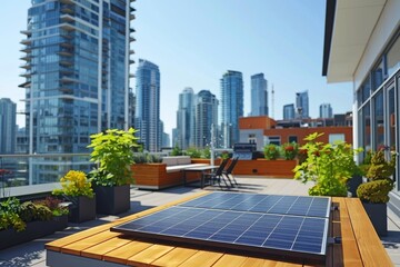 Obraz premium Rooftop Solar Panels in Urban Setting Emphasizing Renewable Energy and City Living