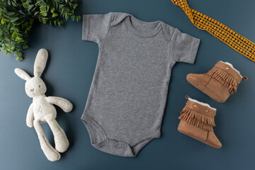 Grey Baby Bodysuit Flatlay Mock up