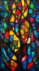 Colorful stained glass art, abstract tree design, vibrant colors concept