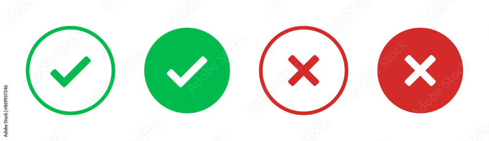Aufkleber check mark icon button set. check box icon with right and wrong buttons and yes or no checkmark icons in green tick box and red cross. vector illustration