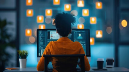 A female software developer who works late shifts on cityscape background