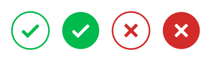 check mark icon button set. check box icon with right and wrong buttons and yes or no checkmark icons in green tick box and red cross. vector illustration