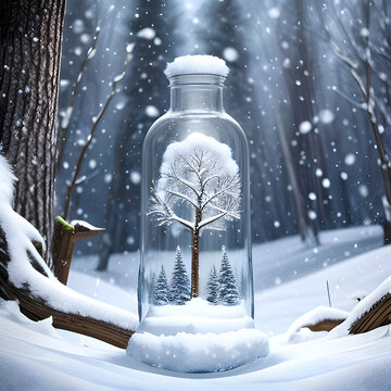 Botella de cristal con bonsais dentro y un paisaje de bosque nevado a su alrededor