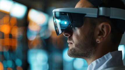 A man wearing an augmented reality headset in a futuristic tech environment, symbolizing innovation and advanced technology.