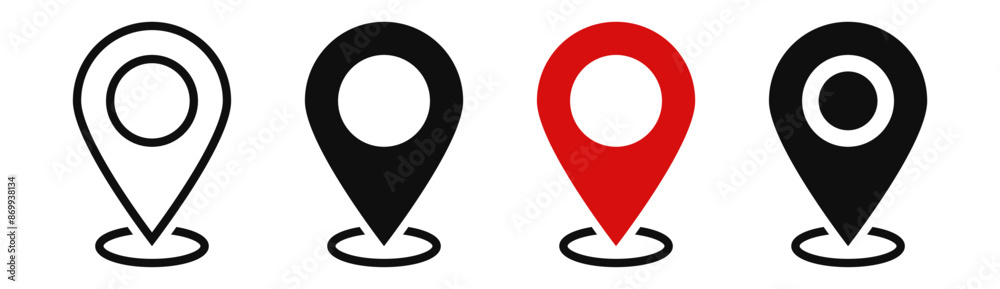 Poster location map pointer icon, place pin marker sign - red gps map pointers in flat style, destination symbols. location pin line icon, Navigation sign