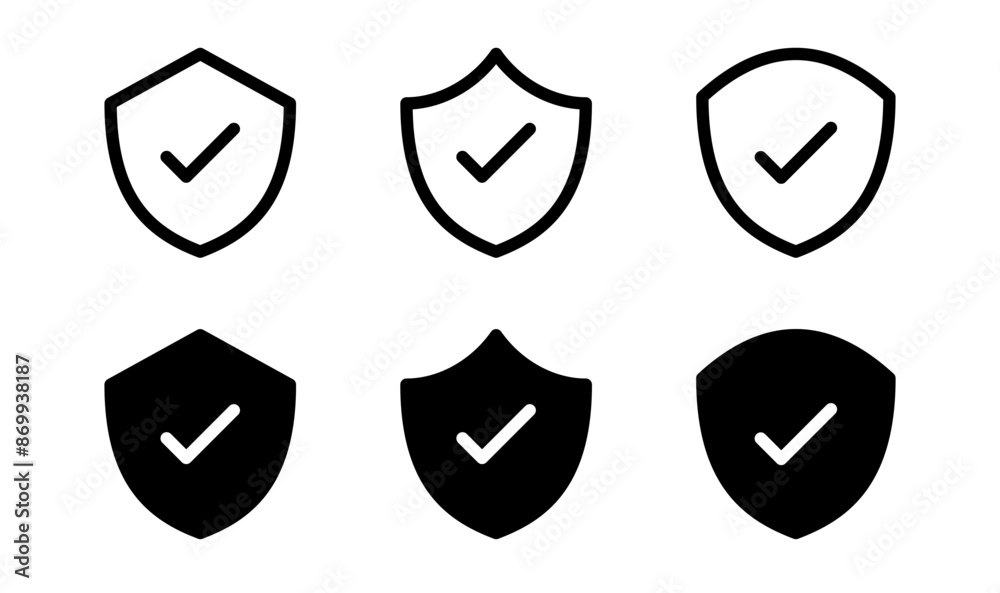 Poster shield check mark icon or security shield protection icon with tick symbol