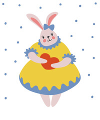 Cute bunny holding a heart in his paws. Delicate illustration on a white background with polka dots. Vector