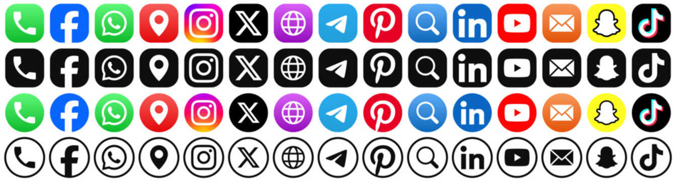 social media icons. social media logo , facebook, instagram, youtube, whatsapp, tiktok, icon - Contact us icon set. Web icons , call, location, globe, world, message, mail, address, website, icon