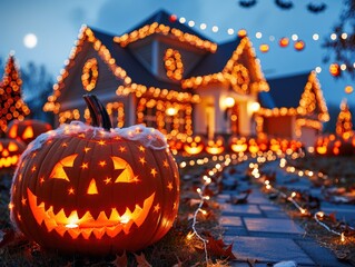 Obraz premium Large jack-o'-lantern glowing in front of a decorated house