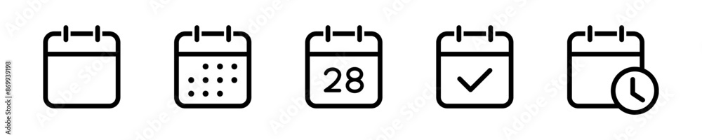 Poster Date calendar icon set. Appointment schedule vector icon symbol - Time management sign with time and clock icon - Meeting deadlines check mark icon