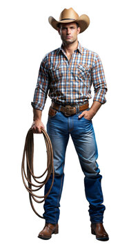 Full body picture of a male cowboy with a hat and rope on a transparent background