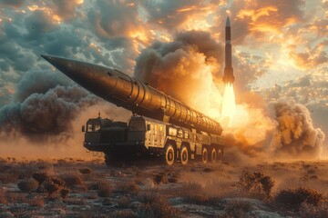 missile erupts from a military truck, shrouded in clouds of dust and sand, as it tears through the arid desert landscape.