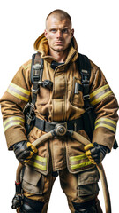 Fototapeta premium Full body portrait of a male firefighter in uniform with firefighting equipment on a transparent background