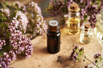 A bottle of aromatherapy essential oil with fresh blooming oregano plant