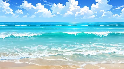 Digital illustration of a beach with turquoise water, blue sky and white clouds. Summer vacation, tropical beach, seascape, ocean and nature background.