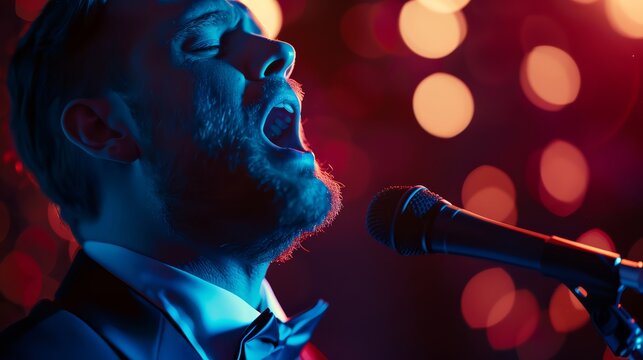 A close-up of a tenor passionately singing an emotional solo under dramatic lighting