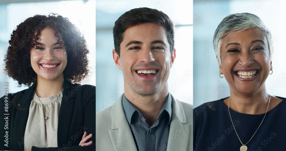 Poster Smile, face and collage of business people in office with positive, pride and confidence for career. Happy, diversity and composite portrait of professional corporate lawyers with team in workplace.