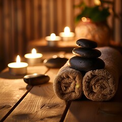 Cozy spa setting with a towel, candles, and hot stone on wood. Massage therapy setup illuminated by flickering flames. Tranquil experience for relaxation and rejuvenation.