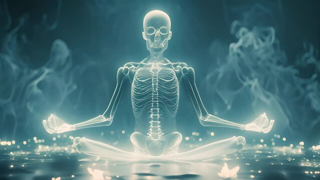 Detailed X-ray: skeleton in yoga pose, golden ratio, soft hues, 3D effect, advanced imaging, photorealistic, anatomical accuracy.generative ai