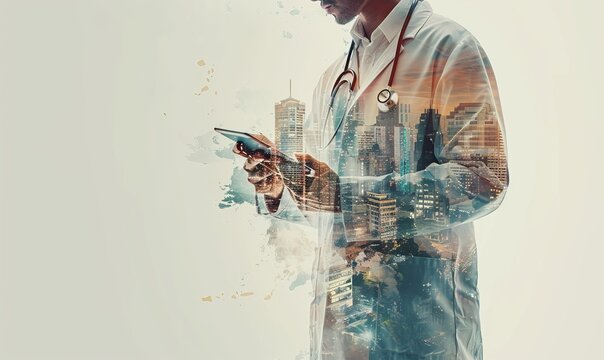 Doctor in white coat using digital tablet with cityscape overlay representing modern healthcare and technology