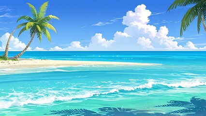 Tropical beach with white sand, palm trees, turquoise water, and blue sky with fluffy clouds. Concept of vacation, relaxation, summer, and paradise.
