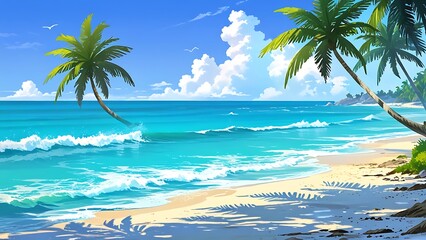 Fototapeta premium Tropical Beach Scene with Palm Trees, White Sand and Blue Ocean Water. Summer Vacation Background. Illustration.