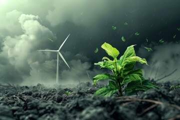 Young Plant Growing in Soil with Wind Turbines in Background