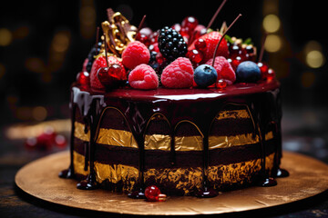 A close-up shot of a decadent chocolate cake with layers of ganache, adorned with edible gold leaf and surrounded by fresh berries.