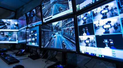 A control panel with monitors showing video feeds from remote security cameras