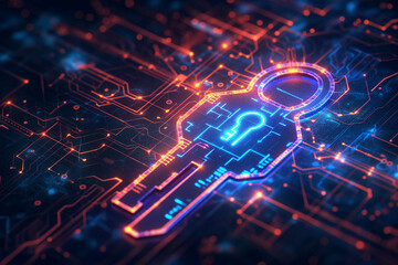Digital blue key and lock icon on a circuit board background