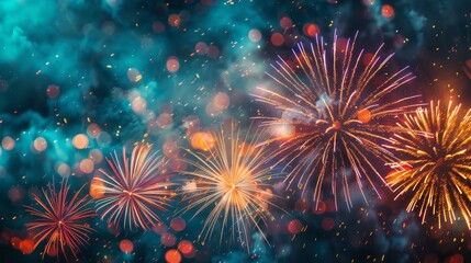 Naklejka premium A dazzling display of fireworks bursting in vibrant colors against a dark night sky