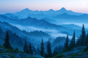 Obraz premium Blue Hour Mountain Landscape With Fog In The Cascade Range