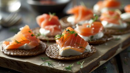 A platter of buckwheat blinis topped with smoked salmon and a dollop of sour cream for a decadent appetizer.